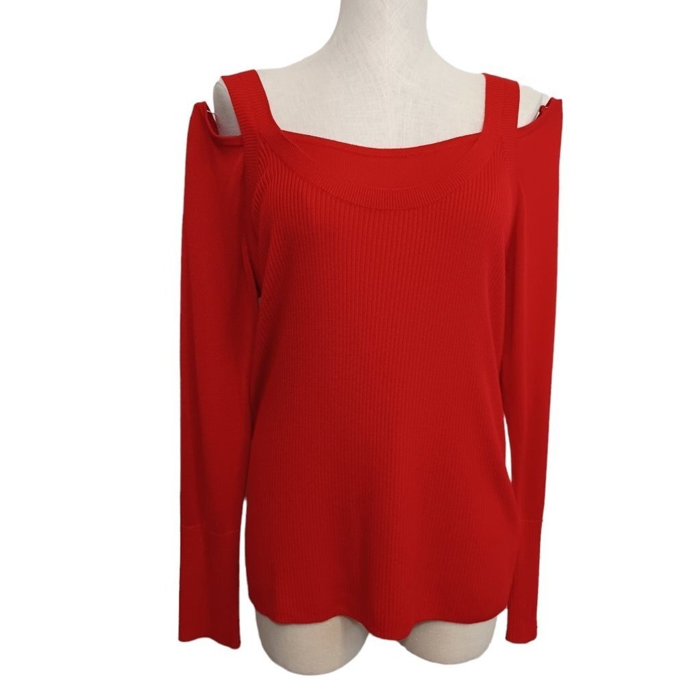 Anthropologie Red Ribbed Cold Shoulder Scoop Neck Sweater‎ Womens XL Long Sleeve